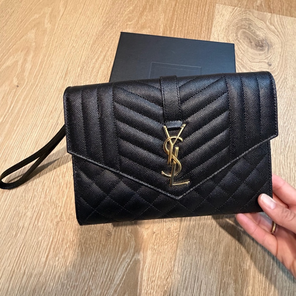 Saint Laurent Black Quilted Leather Wristlet with Gold YSL Logo